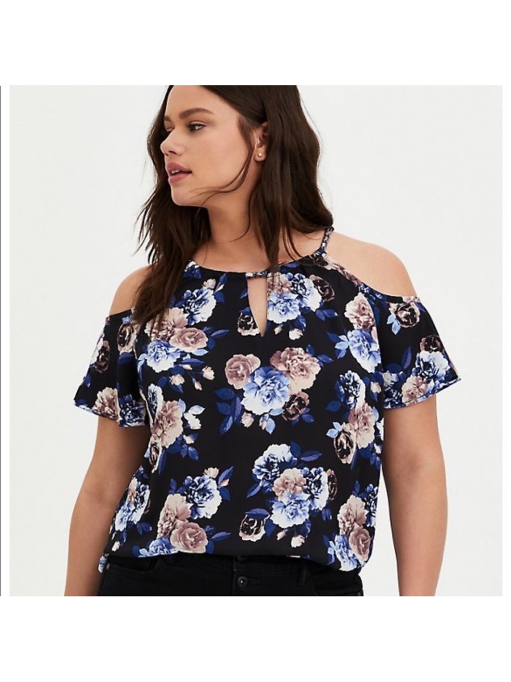Torrid 5X Black Cold-Shoulder Floral Camisole with Blue & Taupe Flowers - Picture 3 of 12